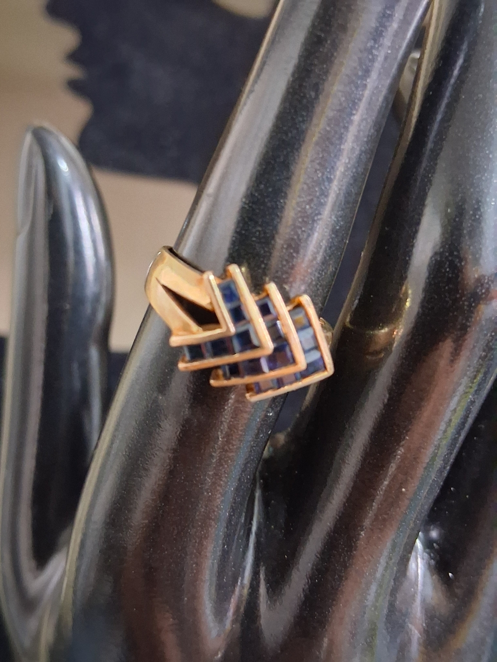 Vintage 14K Gold Sapphire Chevron Waterfall Cocktail Ring 14kt Statement Sz 6.5 - Picture 9 of 9